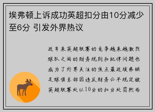 埃弗顿上诉成功英超扣分由10分减少至6分 引发外界热议 埃弗顿上诉成功英超扣分由10分减少至6分 引发外界热议