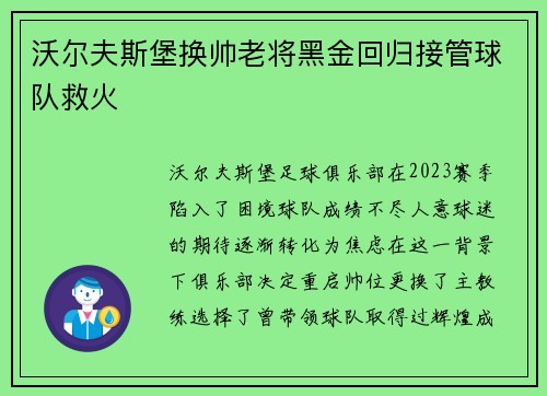 沃尔夫斯堡换帅老将黑金回归接管球队救火 沃尔夫斯堡换帅老将黑金回归接管球队救火